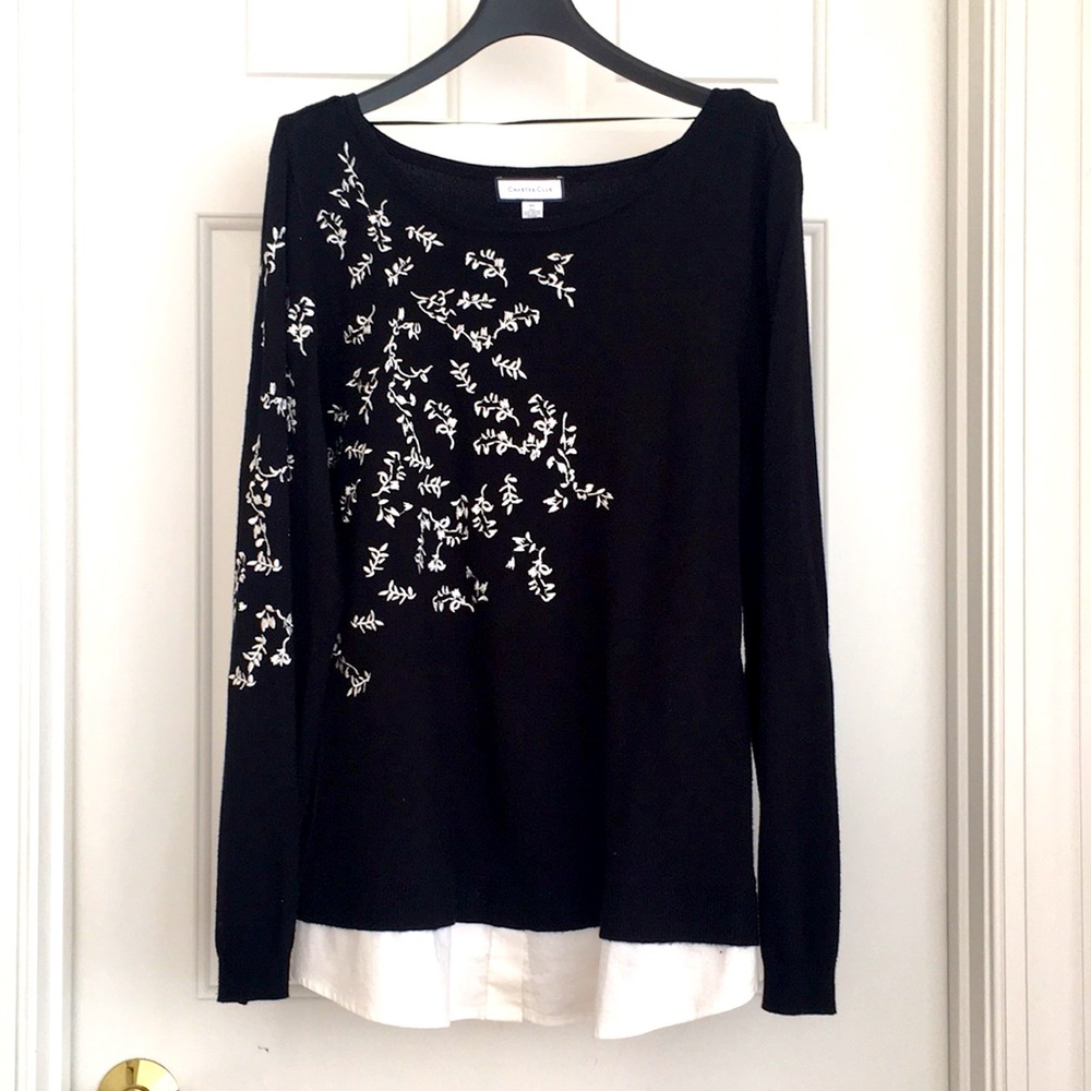 Charter Club Women’s Top XL Black White Sweater Shirt Long Sleeves Embroidered